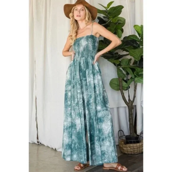 SOLD OUT Green Tie Dye Wide Palazzo Flare Leg Smocked Bohemian Casual Jumpsuit - Picture 4 of 13